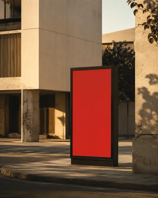 Mupi iluminado en una calle española al atardecer